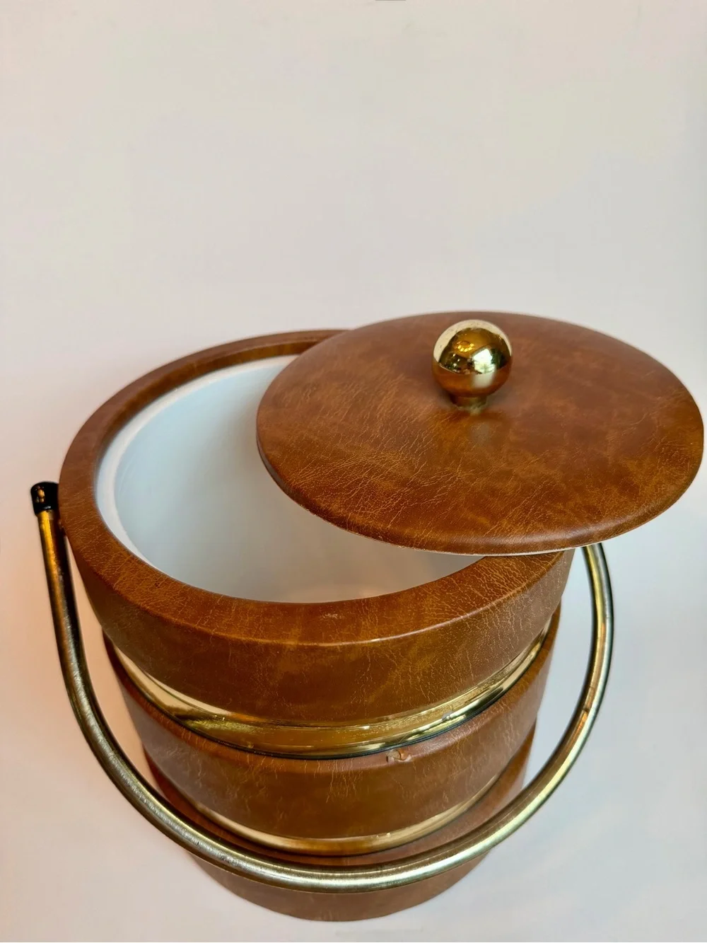 Vintage Faux Leather Ice Bucket Gold Tone Handle Mid Century Barware Brown